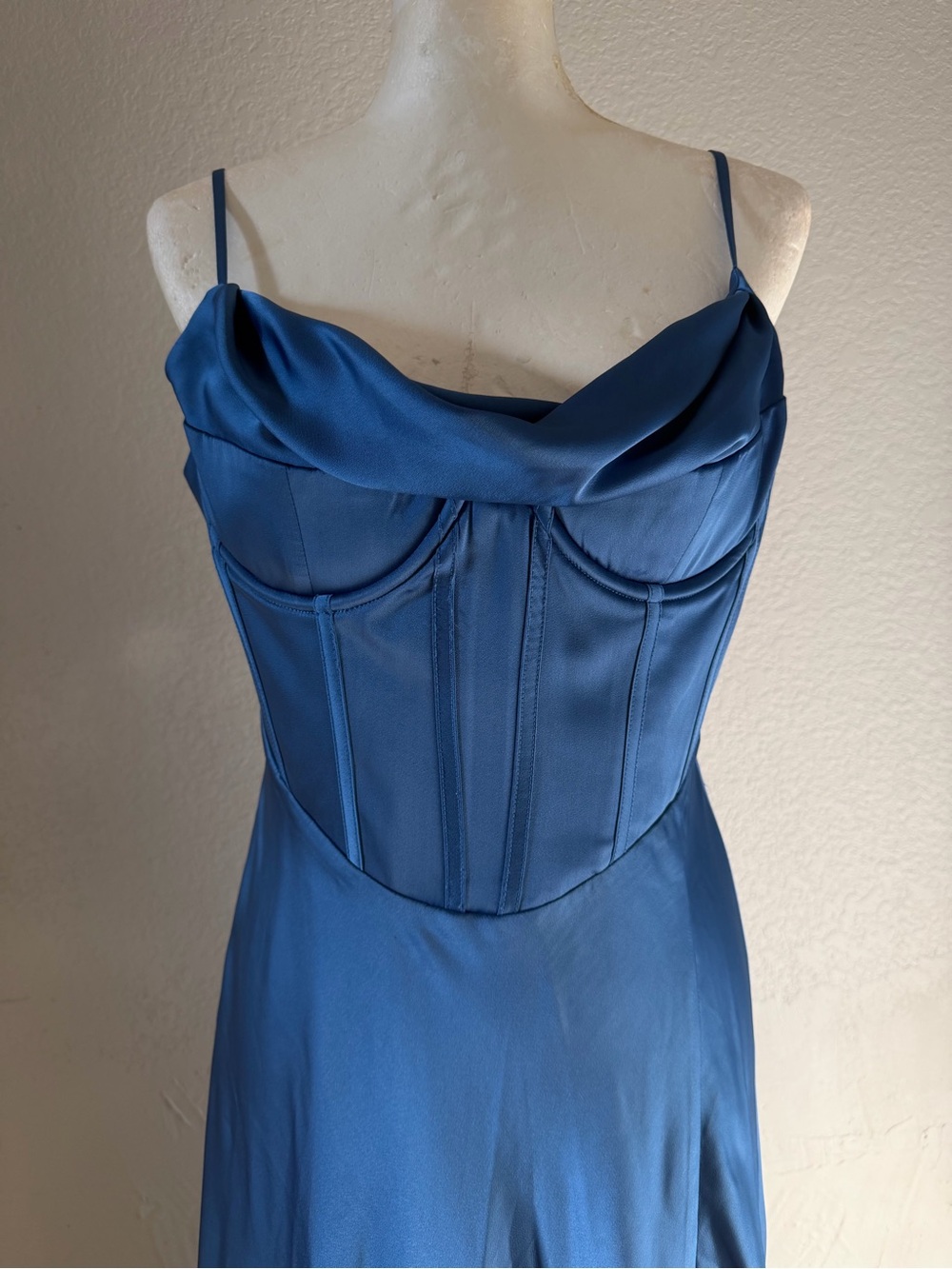 Astr Blue Satin Corset-Style Slip Gown - Picture 2 of 15